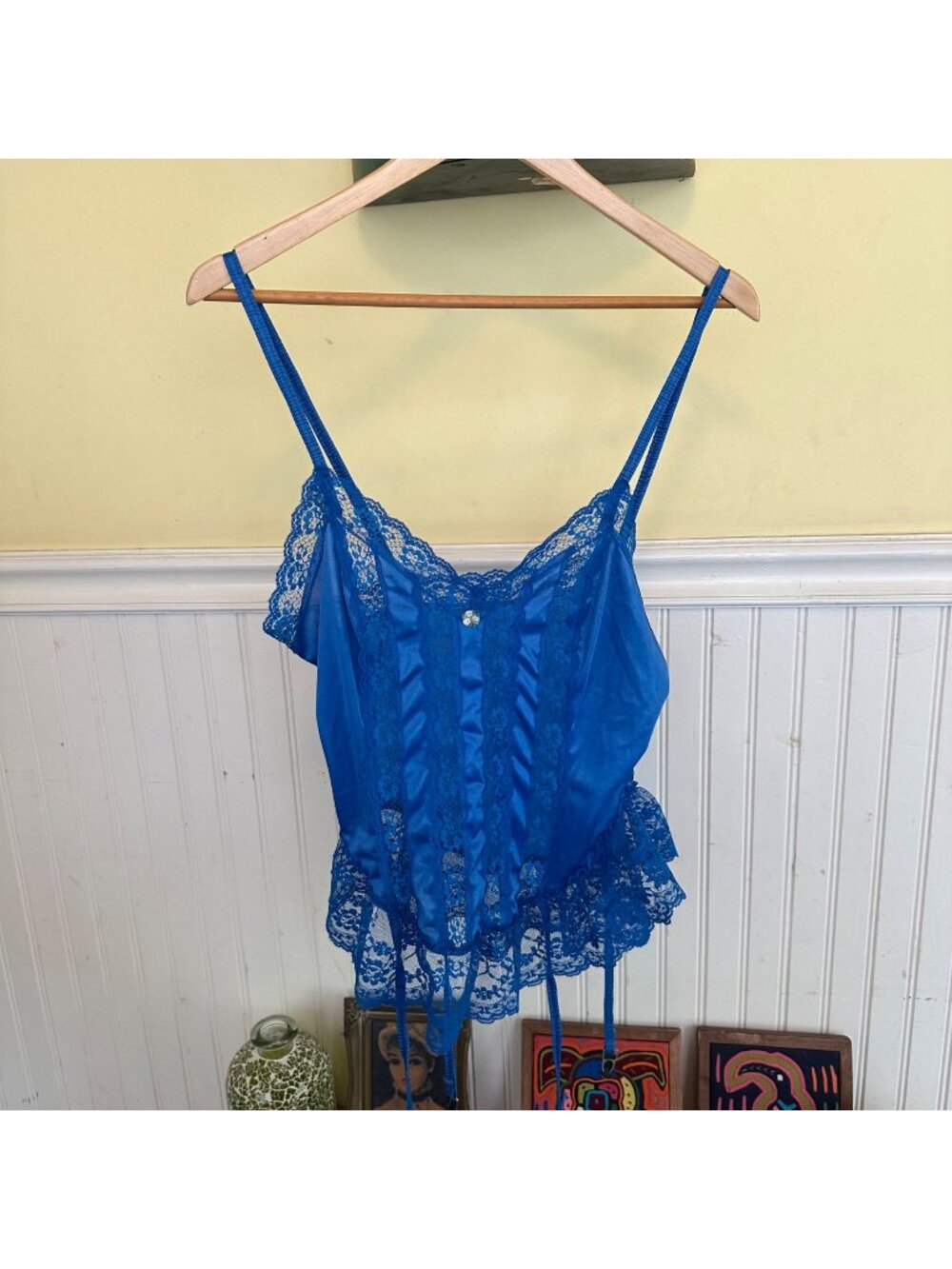 Vintage Nan Flower Blue Lace & Nylon Lingerie Cami With Ruffle Hem & Adjustable